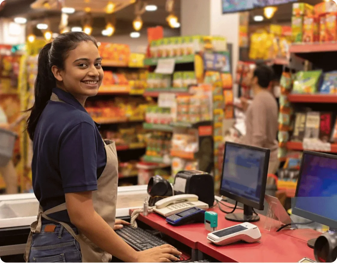 RetailWhizz supermarket management software dashboard showing billing and inventory for Indian retail