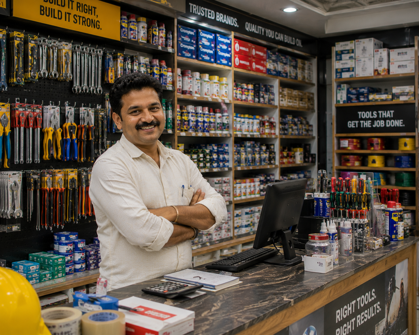 RetailWhizz hardware store management software showing multi-unit billing, contractor credit accounts, and high-SKU inventory for building materials retailers in India