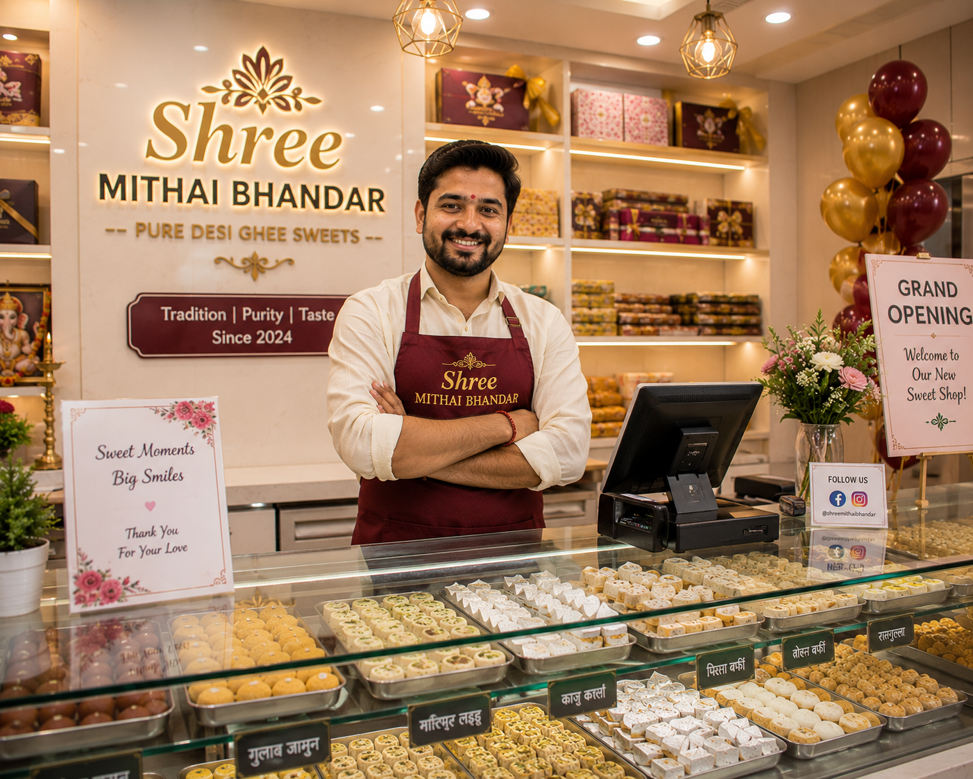 Sweet shop POS software handling weight billing, festive hampers, and GST billing