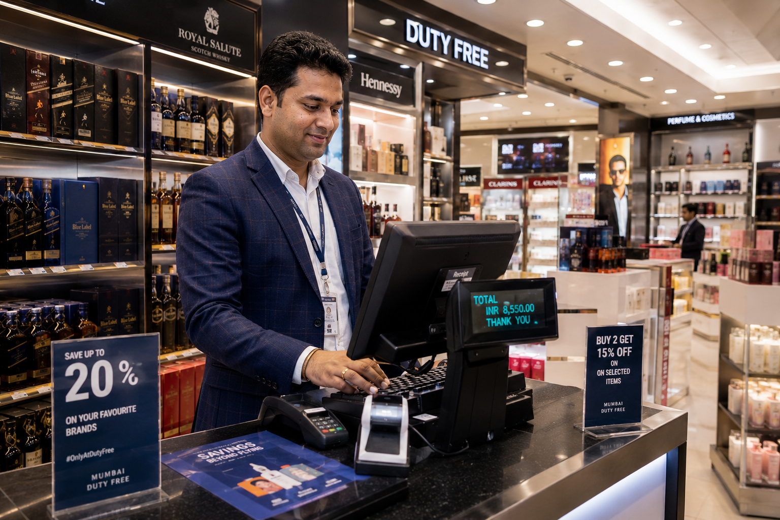 RetailWhizz duty-free retail management software showing multi-currency billing, passport-linked sales, and real-time inventory for airport and border retail operations