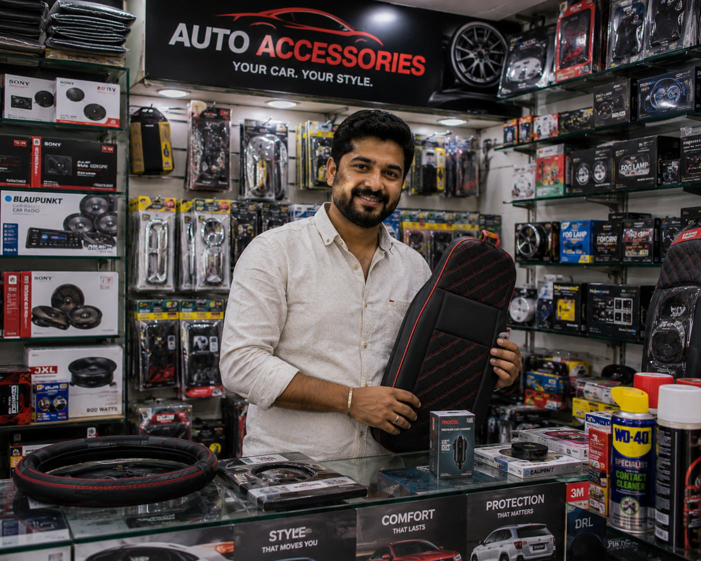 RetailWhizz mobile accessories store management software showing serial number tracking, model-wise compatibility, multi-brand inventory, and fast billing for Indian electronics retailers