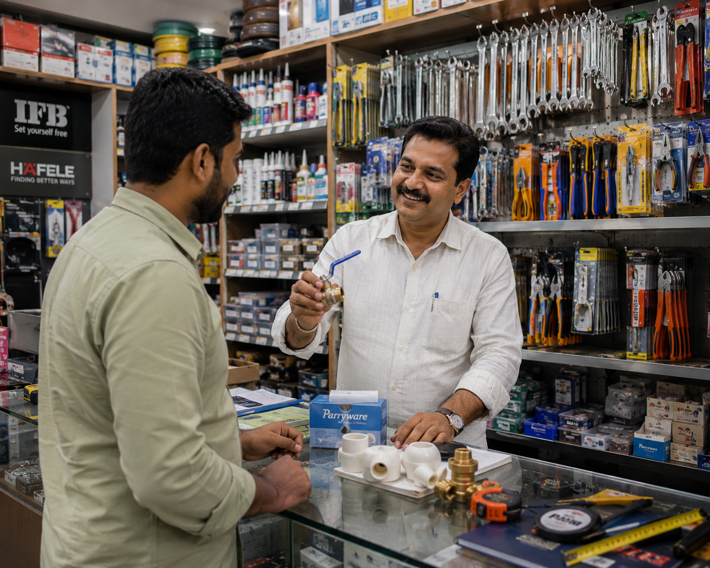 RetailWhizz hardware store credit account management showing contractor credit limits, project-wise billing, and outstanding balance tracking for building materials retailers