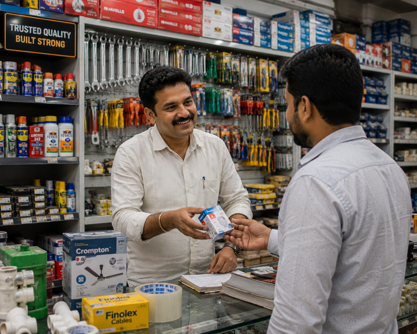 RetailWhizz hardware store multi-unit billing and high-SKU inventory management showing plumbing, electrical, and paint category organisation for Indian hardware retailers