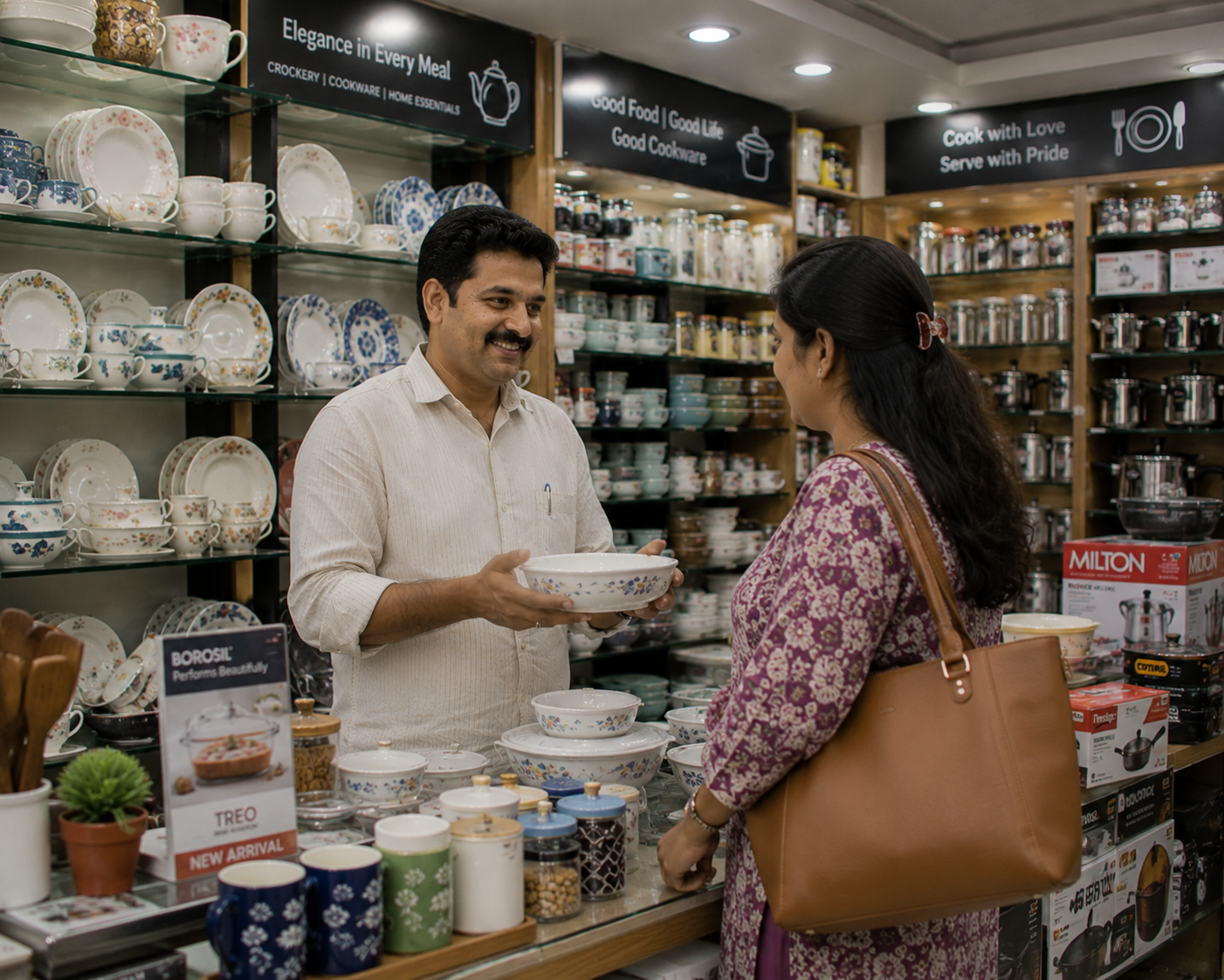 RetailWhizz kitchen store set and piece billing management showing cookware set stock levels, breakage tracking, and festive season bundle configuration for kitchenware retailers