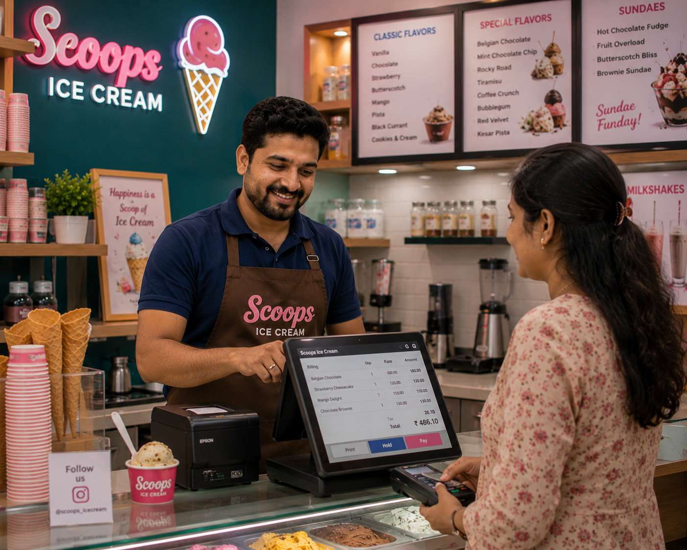 Ice cream parlour using RetailWhizz software for flavour inventory, production management, GST billing, and combo pricing