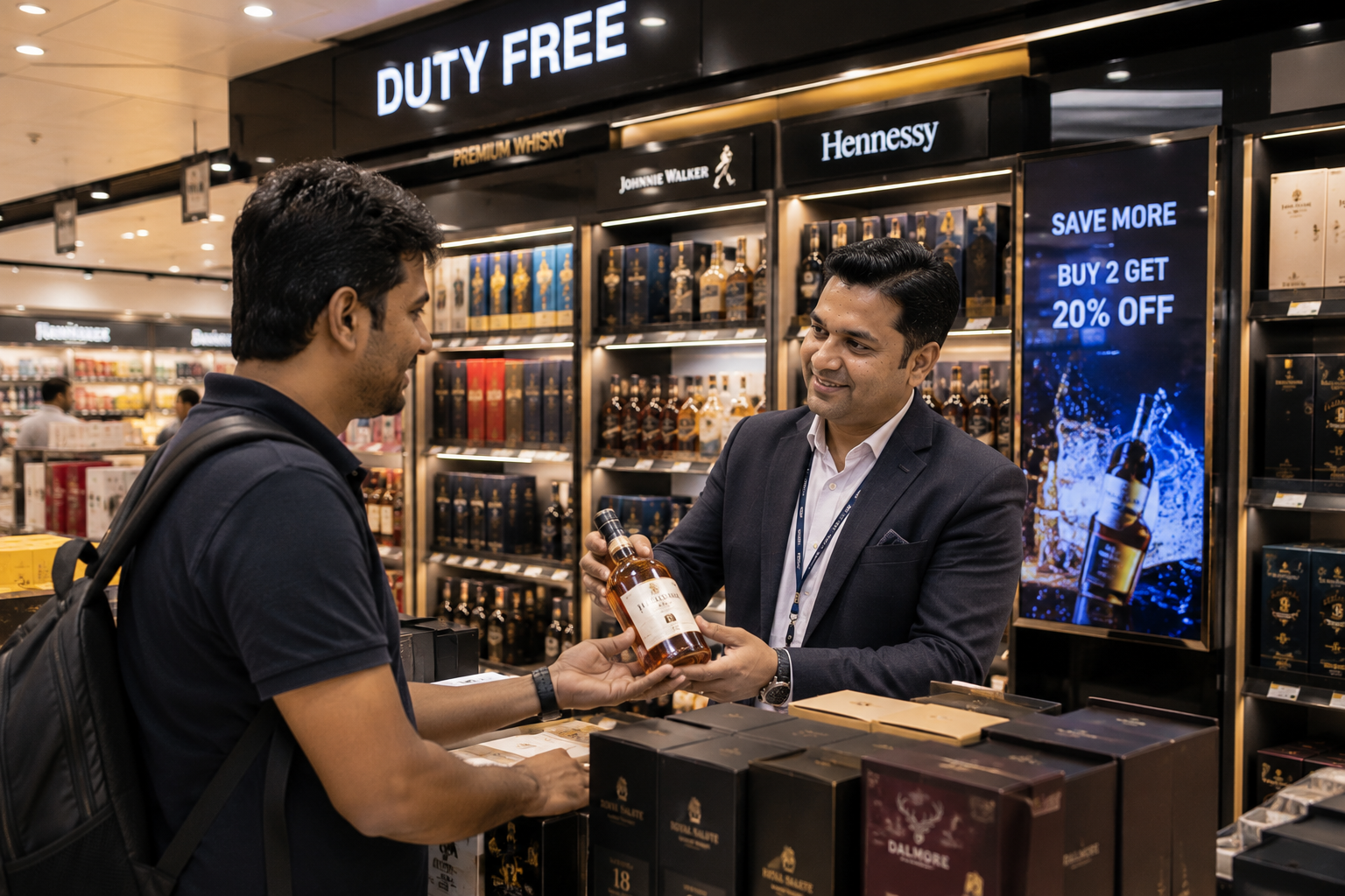 RetailWhizz duty-free compliance management showing passport-linked billing, allowance tracking, and automatic tax exemptions for airport retail operations