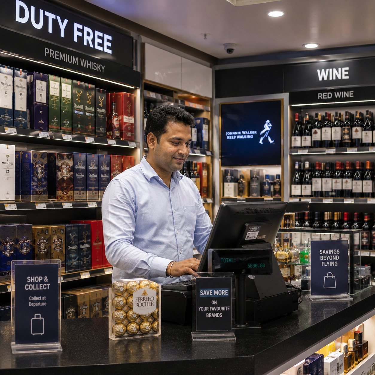 RetailWhizz multi-currency billing and high-value inventory management for duty-free airport retail, showing liquor, luxury goods, and perfume stock tracking