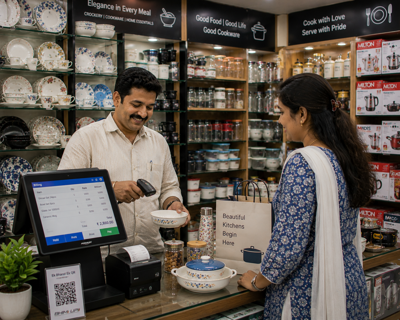 RetailWhizz kitchen and crockery store management software showing set and piece billing, damage tracking, brand-wise inventory, and institutional order management for kitchenware retailers in India